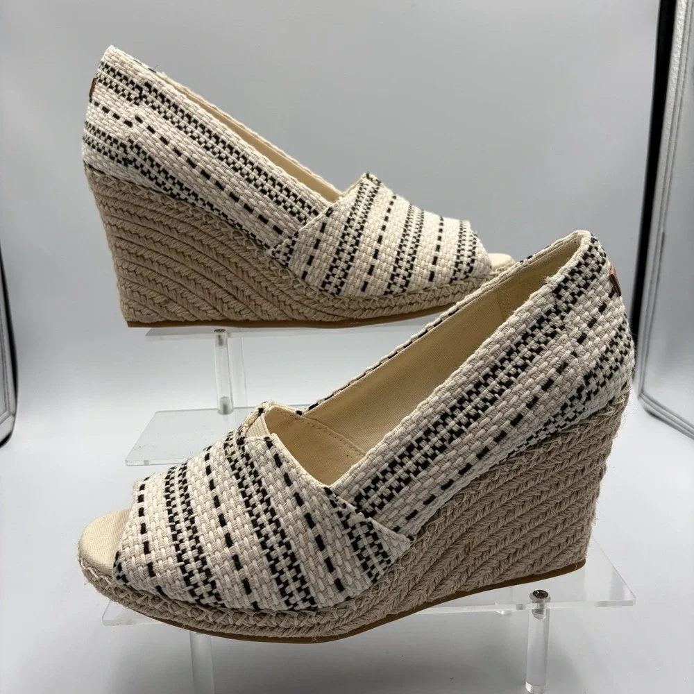 TOMS Women's 8.5‎ Espadrille Wedge Shoes Cream Black Stripe Peep Toe Woven Style